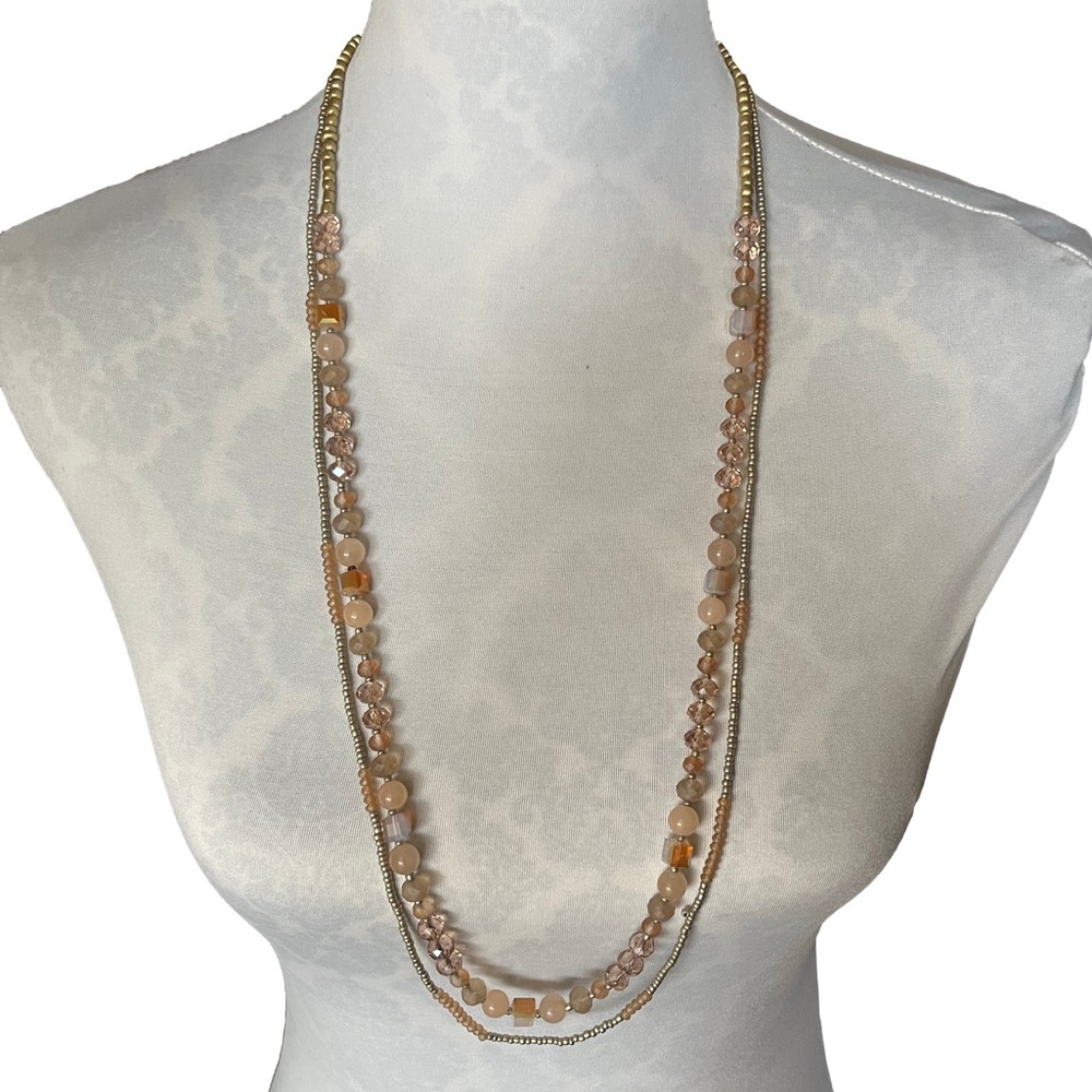 Double-Strand Beaded Necklace | Peach Champagne Glass & Stone | Long Layered